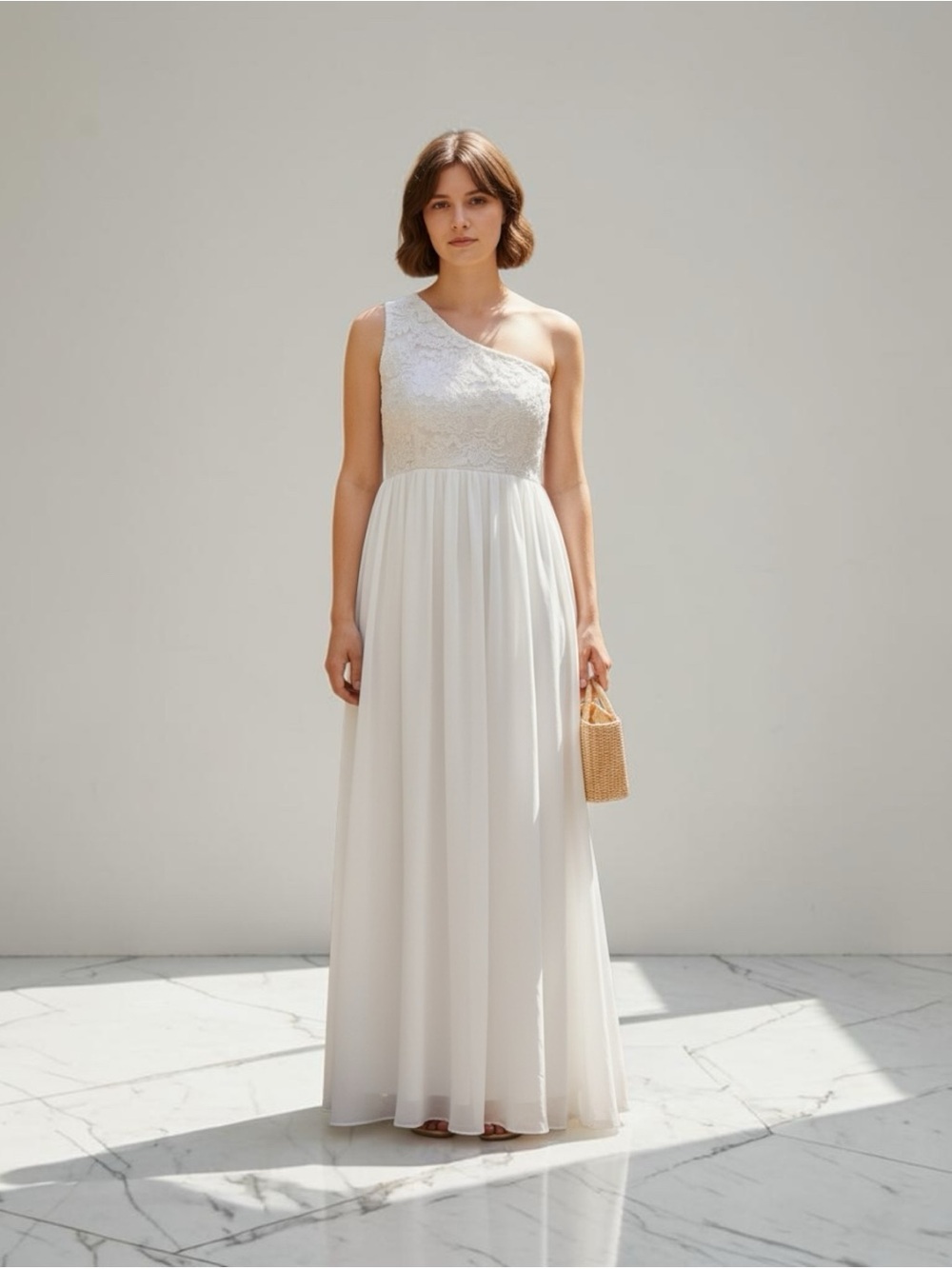 Lulus One-Shoulder White Lace & Chiffon Maxi Dress Size: S